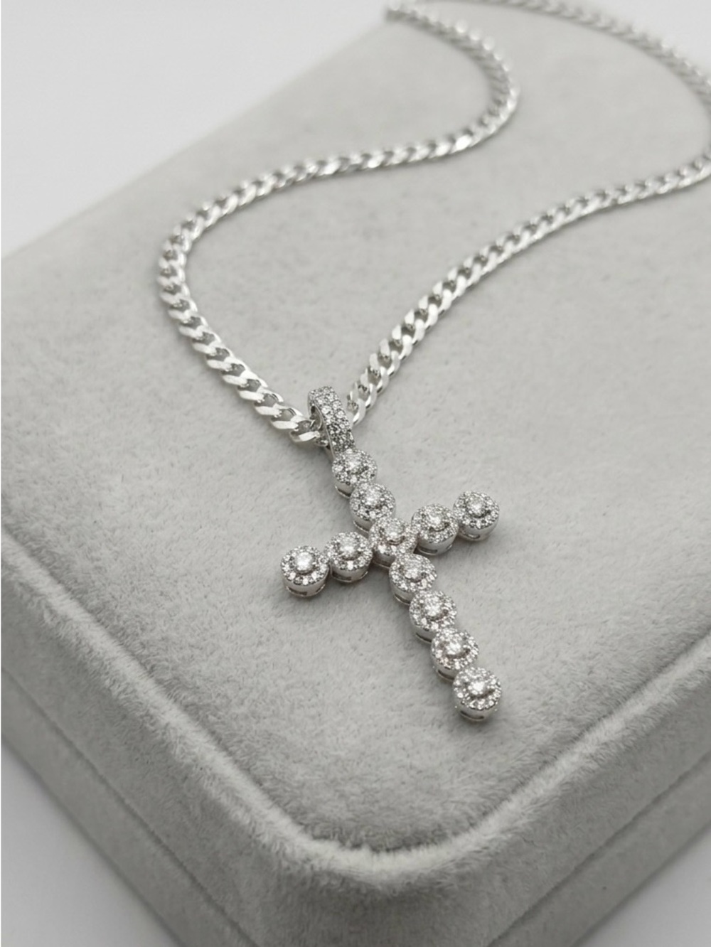 Sterling Silver Cross Pendant 24" Chain Moissanite Cuban Link 925